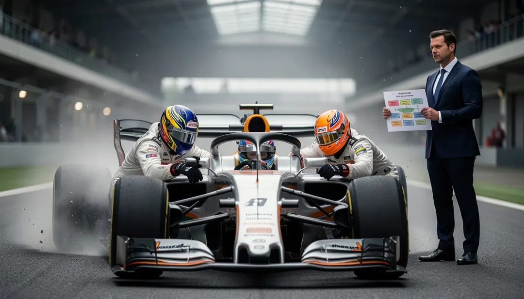 Due piloti di Formula 1 litigano per il volante di una monoposto ferma in pista, mentre un manager osserva tenendo in mano un organigramma — metafora della gestione team in azienda.